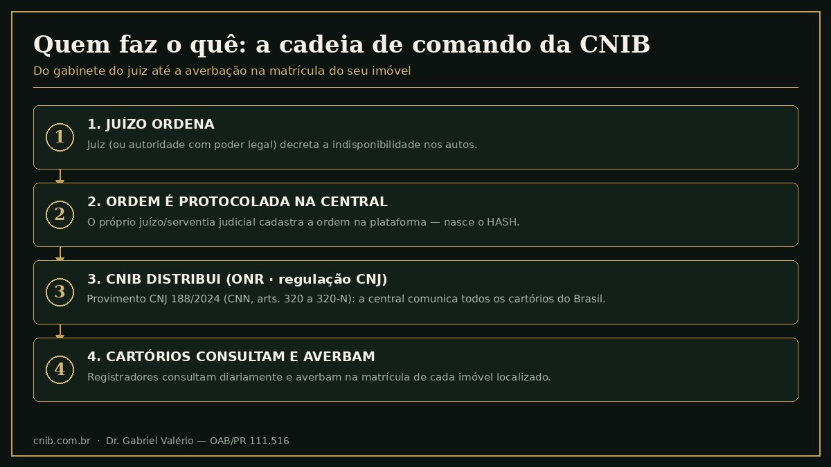 Fluxograma da cadeia de comando da CNIB: o juiz decreta a indisponibilidade, o juízo protocola a ordem na central gerando o hash, a CNIB operada pelo ONR sob regulação do CNJ distribui a ordem, e os cartórios de registro de imóveis consultam diariamente e averbam na matrícula