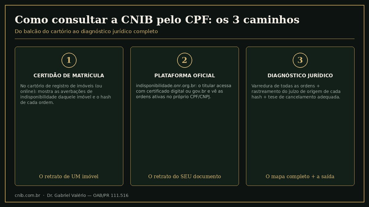 Os três caminhos para consultar indisponibilidade de bens na CNIB pelo CPF: certidão de matrícula no cartório de registro de imóveis mostrando as averbações e o hash, consulta do titular na plataforma oficial indisponibilidade.onr.org.br com certificado digital ou conta gov.br, e diagnóstico jurídico completo com rastreamento do juízo de origem de cada ordem
