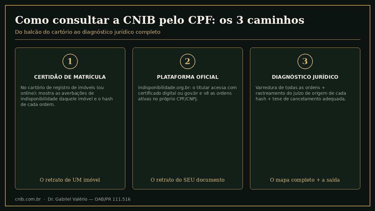 Os três caminhos para consultar indisponibilidade de bens na CNIB pelo CPF: certidão de matrícula no cartório de registro de imóveis mostrando as averbações e o hash, consulta do titular na plataforma oficial indisponibilidade.org.br com certificado digital ou conta gov.br, e diagnóstico jurídico completo com rastreamento do juízo de origem de cada ordem